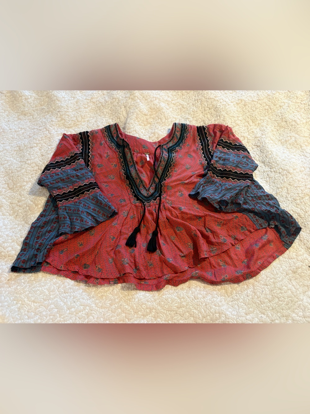 Free People Red Boho Peasant Blouse with Blue Sleeves